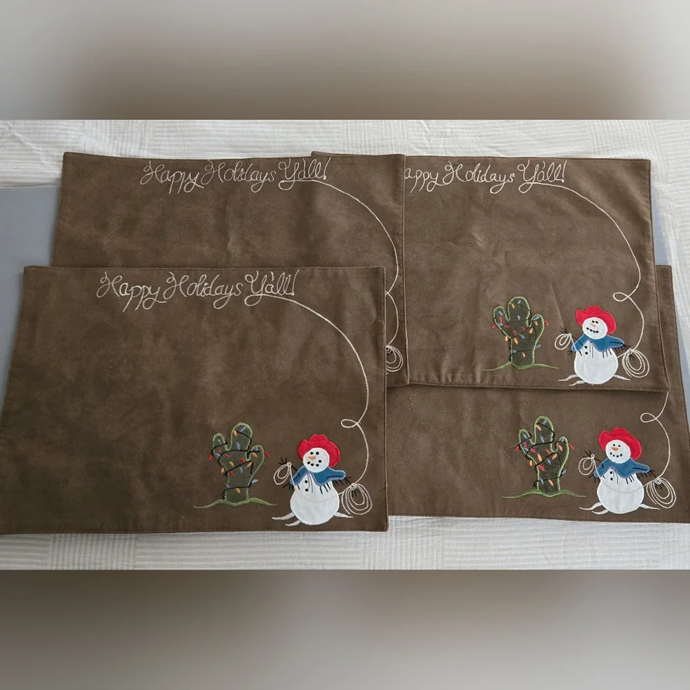 St. Nicholas Square Set Of 4 Western Christmas Placemats Cowboy Snowman - Picture 2 of 7